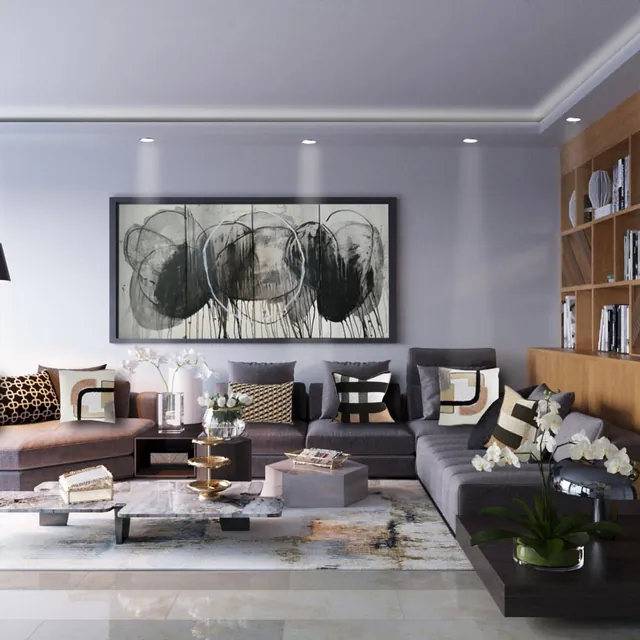 Rendu 3D du séjour : canapés gris, grand tableau noir et blanc
