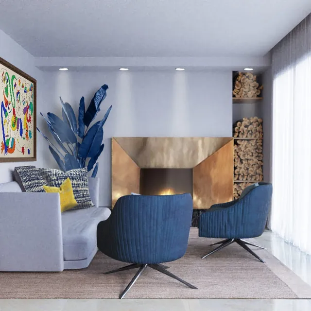 Rendu 3D : cheminée en laiton, fauteuils bleus, rangements en bois
