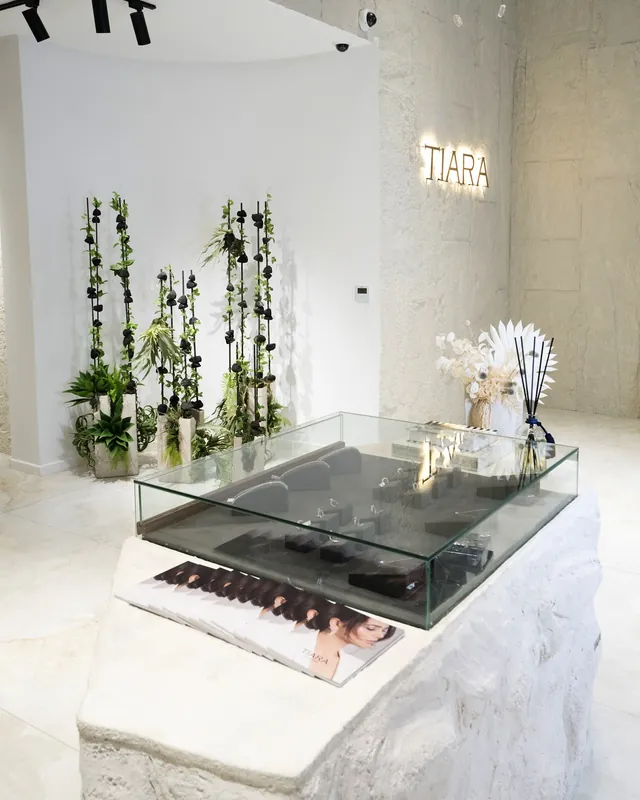 Vitrine en verre posée sur un bloc de pierre, colonnes végétales