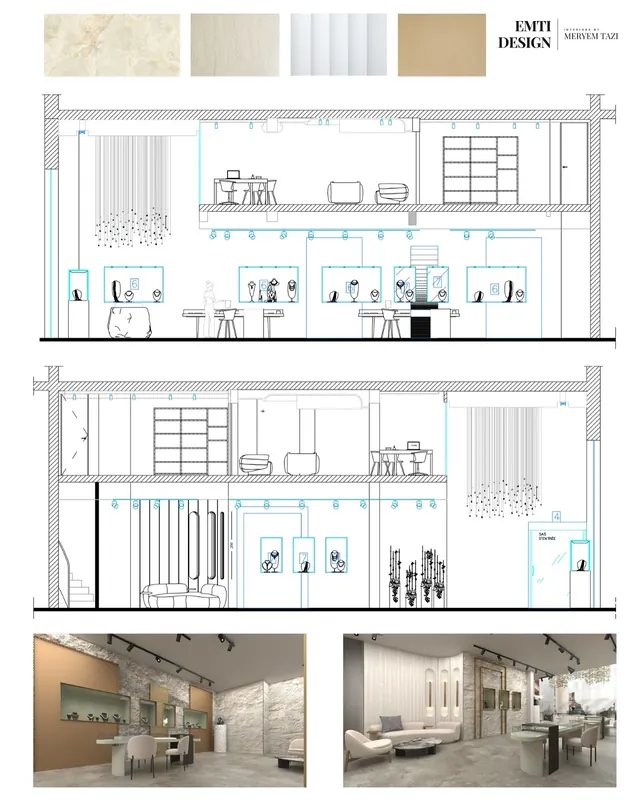 Planche de présentation du projet : matières, coupes et vues, cartouche Emti Design