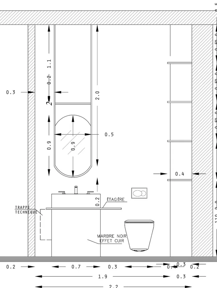 Élévation cotée d’une salle d’eau dessinée par le studio, annotée « marbre noir effet cuir », « étagère », « trappe technique »